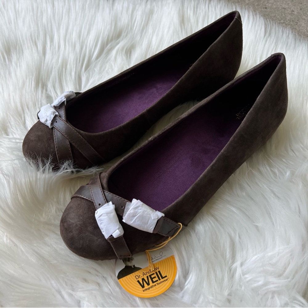 Dr. Andrew Weil Brown Faux Suede Rounded Toe Strappy Arched Flats